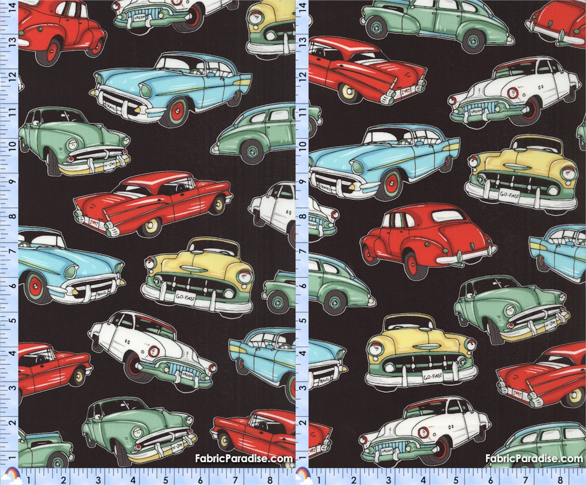 Road to Happiness Tossed Retro Cars on Black by Swizzle Stick Studio, Transportation, Travel