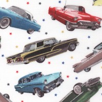 In Motion - Tossed Vintage Cars on Polka Dotted White
