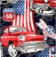 Car Travel Americana - Retro Cars and Flags - SALE! (MINIMUM PURCHASE 1 YARD)