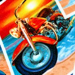 Tropical Motorcycle Postcards - LTD. YARDAGE AVAILABLE (1.33 YDS) MUST BE PURCHASED IN FULL