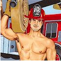Ready for Action - Hunky Firefighters at Work on Blue - SALE! (MINIMUM PURCHASE 1 YARD)