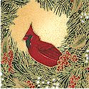 Winter Magic - Gilded Cardinals and Wreaths on Mottled Beige