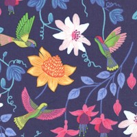 Hibiscus Hummingbird - Delicate Tossed Birds and Colorful Flowers on Navy Blue